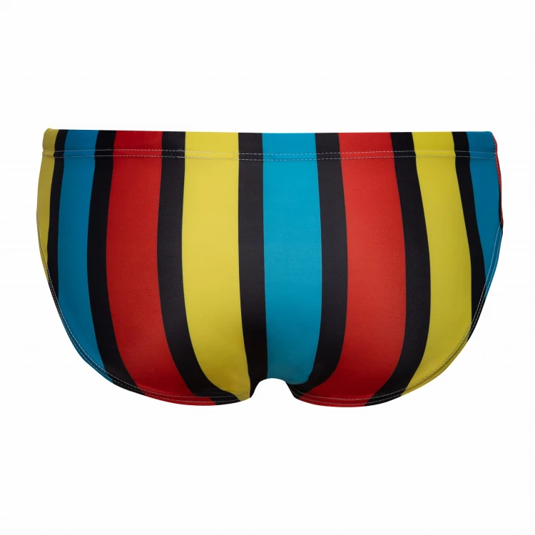 Kąpielówki w kolorowe paski w stylu retro marki Wearraphael. Paski w kolorze żółtym, czerwonym i błękitnym.